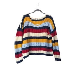 Hem & Thread Colorful Chunky Open Knit Wide Stripe Autumn Sweater, Size Large